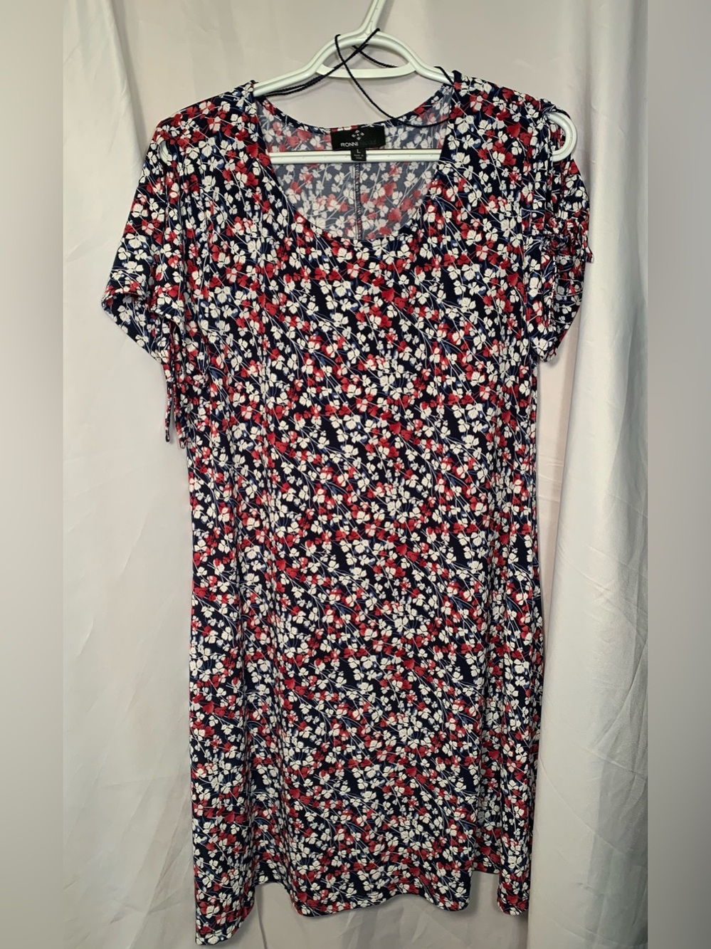 Ronni Nicole Navy Floral Scoop Neck Shift Loose Dress White Accents Size Large